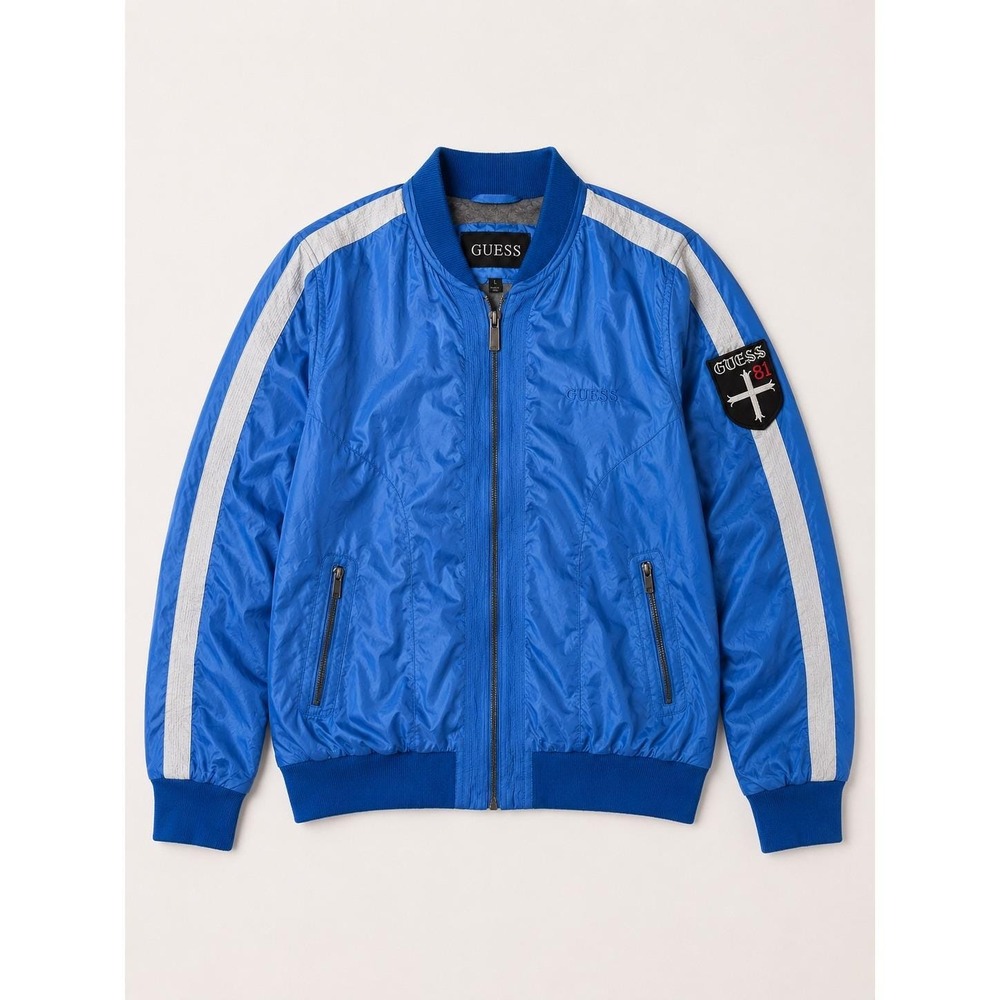 Guess Mens XL Blue Nylon Bomber Jacket Racing Stripe Guess 81 Patch 11CQ9001